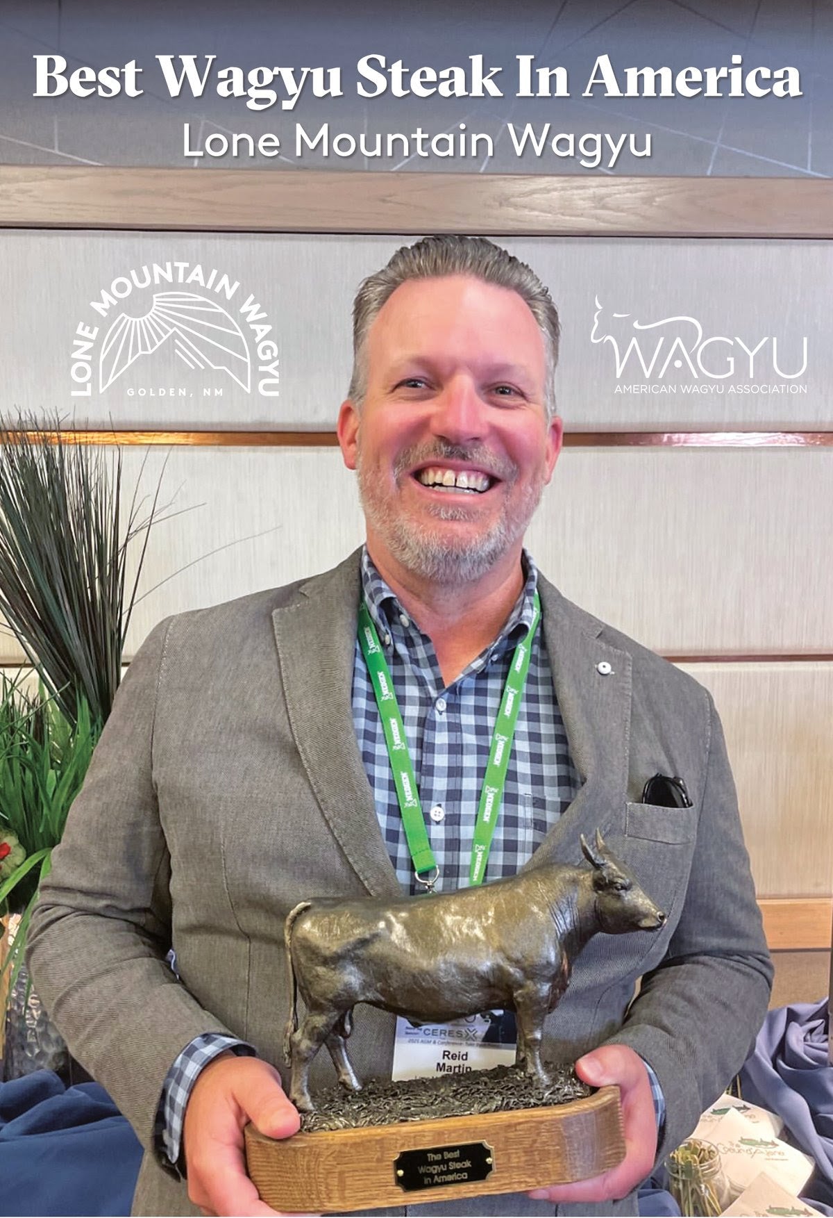Man holding a bronze cow statue with Lone Mountain Wagyu branding in the background